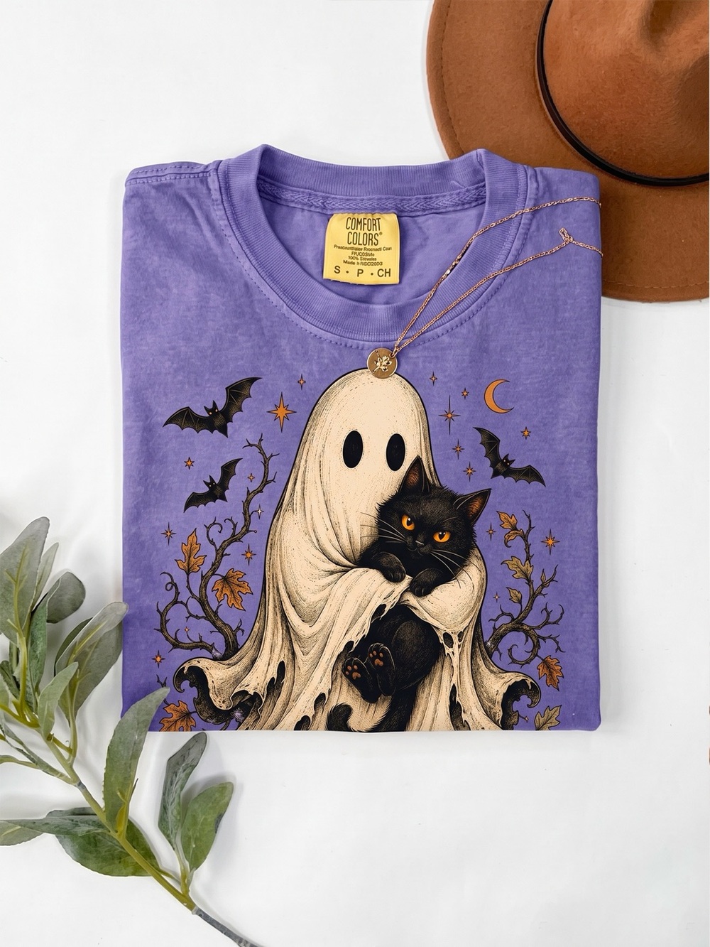 Spooky Ghost Cat Halloween Purple Comfort Colors Fall T-Shirt